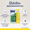 Ez a kép az 'ultragrip' iratrendező címkék csomagolását mutatja be az Avery Zweckform által. Kiemeli az olyan jellemzőket, mint a könnyű tervezés, a gyűrődésmentes nyomtatási technológia, és a fenntartható papír használata, valamint illusztrációkat tartalmaz egy számítógépről és címkékről.