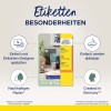 A képen Avery Zweckform ovális címkék csomagolása látható, kiemelve a könnyű tervezést, az eltávolítható címkéket, a fenntartható papírt, és hogy Németországban készült. A design modern elrendezésű, a termék illusztrációival és német nyelvű szöveggel.