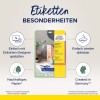A képen az Avery Zweckform négyzetes címkéinek termékcímkéje látható. Kiemeli a tulajdonságaikat, mint például az egyszerű tervezést online eszközzel, az eltávolítható ragasztót, a fenntartható papírt, és hogy Németországban készültek.