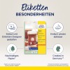 A képen az Avery Zweckform eltávolítható címkéinek csomagolása látható, amely kiemeli az olyan jellemzőket, mint az egyszerű tervezés online eszközzel, újrafelhasználhatóság, fenntartható papír és Németországban történő gyártás.