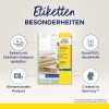 A kép egy Avery Zweckform átlátszó szállítási címkék termékismertetőjét mutatja, kiemelve olyan funkciókat, mint a címketervező segítségével való könnyű tervezés, a CO2-semlegesség, a QuickPEEL segédlet a könnyű lehúzás érdekében, és hogy Németországban készült.