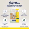 A képen Avery szállítási címkék csomagolása látható, amely kiemeli a QuickDry technológiát, a fenntartható papírt és az online eszköz segítségével történő könnyű tervezést. Azt is megemlíti, hogy a termék Németországban készült.