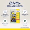 A képen az Avery Zweckform címkéi láthatók, amelyek időjárásálló sárga címkéket mutatnak be, amelyek nehéz felhasználásra lettek tervezve. Kiemeli a címketervező használatának egyszerűségét, a szén-dioxid-semlegességet, és hogy a termék Németországban készült.