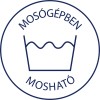 A kép egy kör alakú keretben található mosási szimbólumot ábrázol. A 'MOSÓGÉPBEN' és 'MOSHTATÓ' szövegek a szimbólum fölött és alatt jelennek meg, jelezve, hogy az anyag mosógépben mosható.