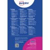A kép több nyelven tartalmaz információt az Avery öntapadós névcímkékről, részletezve azok jellemzőit, használati tippeket és ügyfélszolgálati elérhetőségeket.