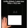 A képen egy címkeméret leírás látható, amely a 199,6 x 143,5 mm méreteket jelzi, sötét háttéren, egy kézzel a méretezéshez.