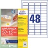 Csomagolás képe címkelappal: Avery Zweckform univerzális címkék, cikk: L4736REV-65, méret: 45,7 x 21,2 mm, nyomtatási alkalmasság: tintasugaras, lézer fekete/fehér, színes lézer, tartalom: 3.120 címke / 65 lap, 48 címke/lap.