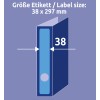 A kép egy tároló kötőmappát ábrázol, amelynek méretei 38 x 297 mm, jelezve a címke méretét.