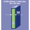 A kép egy 38 x 297 mm-es címke méretét mutatja kék háttérrel, és tartalmazza a címkéhez mért méreteket.