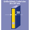 A kép egy címkeméret specifikációt jelenít meg, amely 38 x 297 mm-es méreteket mutat be, kiemelt sárga címkével és kék háttérrel.