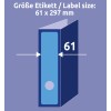 A kép egy diagramot jelenít meg, amely egy címke méretét jelöli, amely 61 x 297 mm, vizuális ábrázolással mutatva a méreteket.