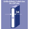 A kép egy 34 x 297 mm-es címkeméretet ábrázol, méretekkel illusztrálva, és egy színes tervvel, amely lila hátteret tartalmaz.