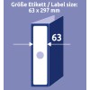 A kép egy 63 x 297 mm méretű címkét mutat, a méretek vizuális ábrázolásával. A címke függőlegesen van elhelyezve, a méretek világos formátumban vannak feltüntetve.