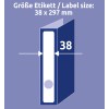 Egy illusztráció, amely egy iratgyűjtő címkeméret-specifikációját mutatja, 38 x 297 mm-es méretekkel és a címke elhelyezésének vizuális ábrázolásával.