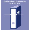 Egy illusztráció, amely egy 61 x 297 mm méretű címke specifikációját mutatja, világosan jelzett méretekkel, valamint egy mappa vagy gyűrűskönyv ábrázolásával.