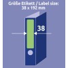 A kép egy diagramot mutat, amely egy 38 x 192 mm-es címke méretét jelzi, zöld terület reprezentálja a címkét és nyilak mutatják a méréseket.
