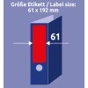 A kép egy címke méret diagramot mutat, amely a 61 x 192 mm méreteket jelzi és egy piros címkét egy fájlon vagy mappán.
