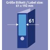 A kép egy 61 x 192 mm méretű címke specifikációját mutatja, amely egy dosszién lévő címke grafikai ábrázolását tartalmazza, bemutatva a méreteket és a tervezési elemeket.