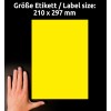A képen egy élénk sárga címke látható, amelynek méretei 210 x 297 mm, mellette pedig egy kéz nyugszik egy sötét felületen.