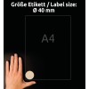 A képen egy kéz látható egy A4-es méretű papírlap mellett, amelyen a kör alakú címke mérete Ø 40 mm. A háttér fekete, és a szöveg a címke méretét németül és angolul is megjeleníti.
