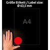 A képen egy kéz látható egy A4 méretű címke mellett, amelyen egy 63,5 mm átmérőjű piros kör alakú minta található. Német nyelvű szöveget tartalmaz a címke méretéről.