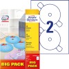 Csomagolási kép címkékkel: Avery Zweckform CD-címkék SuperSize, Cikk: L7676A-40P, Formátum: ⌀ 117 mm, Nyomtatási alkalmasság: Tintás,A lézer (fekete-fehér és színes), Tartalom: 80 címke / 40 ív, 2 címke/ív