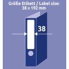 A kép egy diagramot mutat be, amely kiemeli egy iratrendező címkéjének méretét, 38 x 192 mm-es méreteket jelölve.