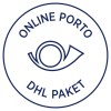 A képen egy kör alakú logó vagy bélyegző látható, amelyen felül az 'ONLINE PORTO', alul pedig a 'DHL PAKET' felirat olvasható, középen pedig egy szem alakú grafika található.
