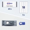 A képen Avery címkés ívek láthatók, amelyeken "Sarah Baron" felirat szerepel, és 20 címke van jelölve. Van még két címkefelhordó is: egy fekete és egy kék, valamint egy elrendezési útmutató egy 18 címkés ívhez, amely 5-ször ismétlődik.