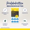 A kép Avery Zweckform ellenőrzési címkék termékinformációit mutatja be, kiemelve az olyan tulajdonságokat, mint az időjárásállóság, a termék Németországban történő gyártása és annak klímasemleges státusza.