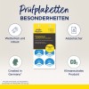 A kép egy 'Prüfplaketten' nevű ellenőrző címke terméket mutat be Avery Zweckform-tól, kiemelve az olyan jellemzőket, mint az időjárásállóság, biztonság és környezetbarát tulajdonságok, érvényessége 2025-2030.