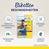 A kép a Avery Zweckform manipulálás-ellenes ellenőrző címkék csomagolását mutatja, kiemelve az egyszerű tervezést címketervezővel, a CO2-semlegességet és a Németországban gyártott terméket.