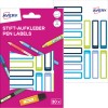 Csomagolási kép címkekivágattal: Avery címkék tollak jelölésére, Cikkszám: RESMI30G, Méret: 10 x 50 mm, Tartalom: 30 címke / 2 ív, 15 címke/ív.