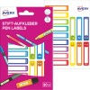Csomagolási kép címkékkel: Avery tollak jelölésére szolgáló címkék, Cikk: RESMI30S, Méret: 10 x 50 mm, Tartalom: 30 címke / 2 ív, 15 címke/ív?