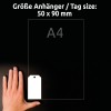 A kép egy kezet ábrázol egy 50 x 90 mm-es méretű címke mellett, amelyen A4-es méret van feltüntetve.