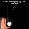 A kép egy A4-es méretű papírt ábrázol, amelyen egy 60 mm-es kör alakú címke van illusztrálva, és mellette egy kéz van elhelyezve a méretarány megjelöléséhez.